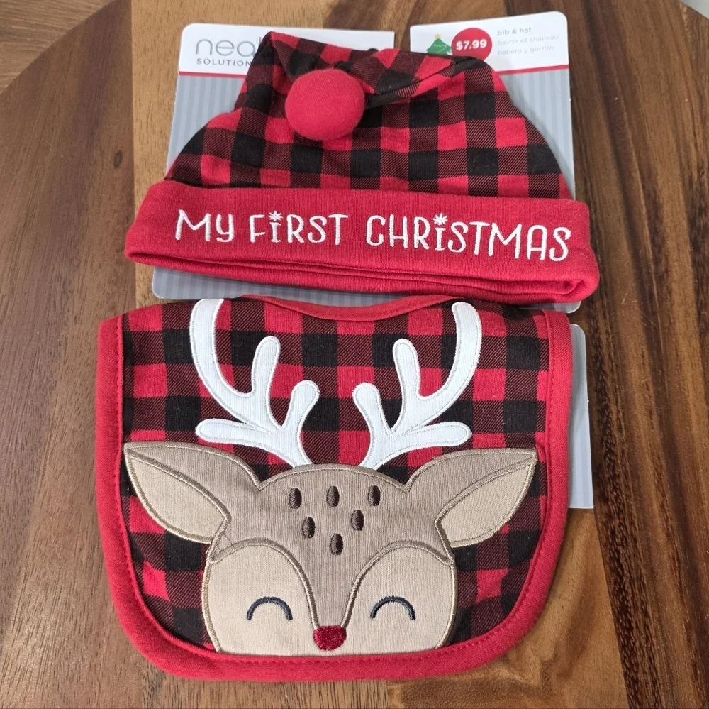 NEW Reindeer My First Christmas Bib and Hat Set Red Black Plaid
